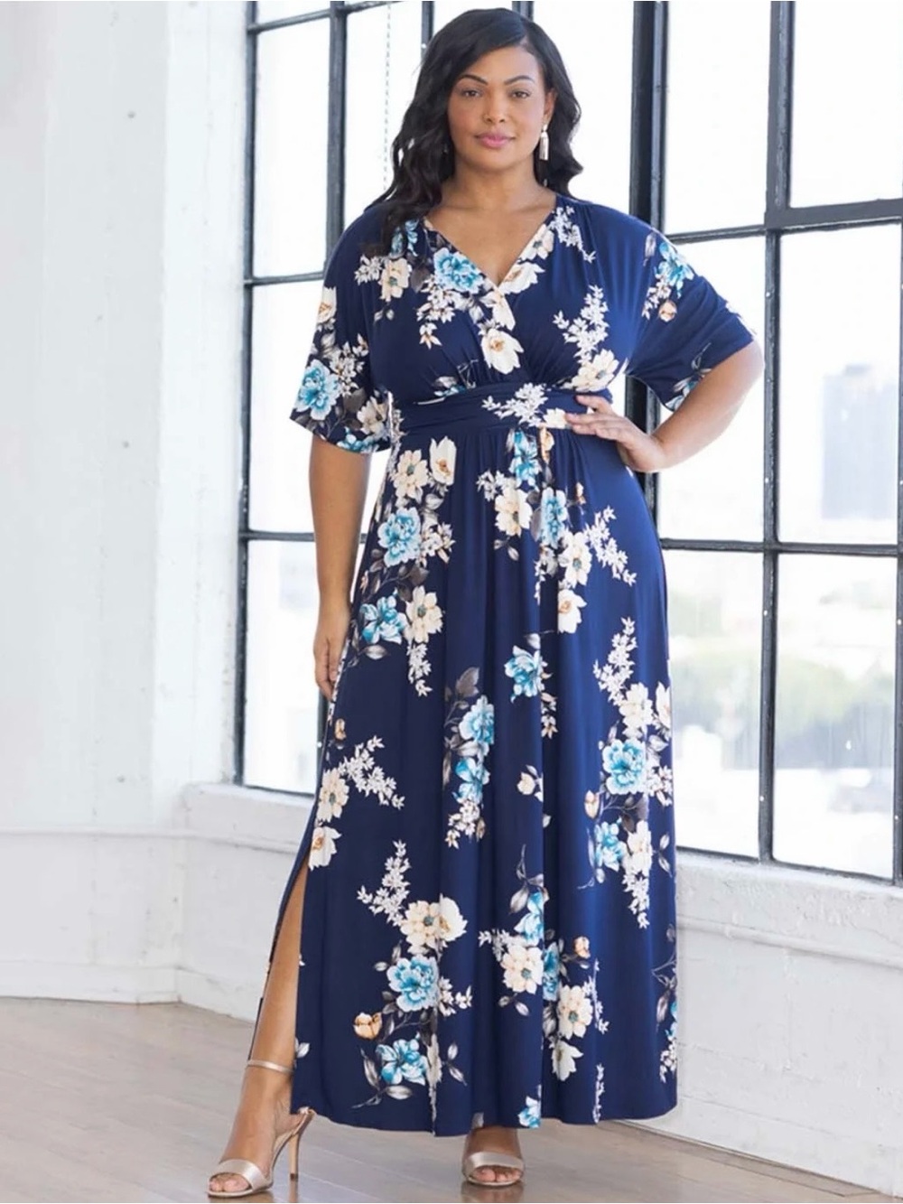 Kiyonna Navy Floral Vienna Maxi Knit Dress Plus Size Woman’s 3X (22-24)